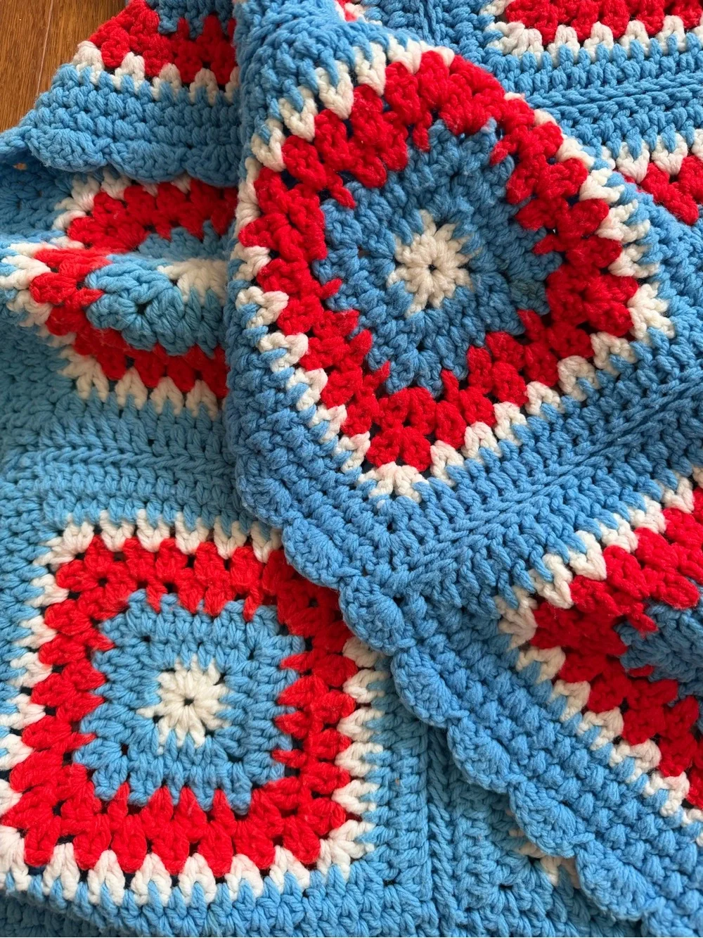 Handmade Crochet Granny Square Blanket Throw in Blue, Red & Cream 5x5